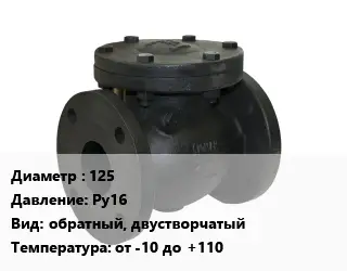 Клапан чугунный 125 Ру16 обратный, двустворчатый от -10 до +110